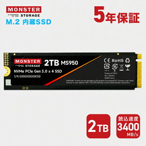 Monster Storage SSD 2TB NVMe SSD PCIe Gen 3×4 �ǂݎ��: 3,400MB/s �������݁F3,100MB/s ����SSD M.2 Type 2280 3D NAND ����5�N�ۏ� �������� MS950G30PCIe3-02TB