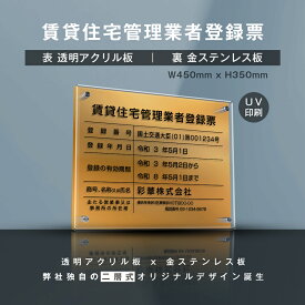 賃貸住宅管理業者登録票【透明アクリル×金ステンレス】 W45cm×H35cm 業者票 法定看板 店舗 事務所用看板 選べる4書体 UV印刷加工 お洒落な二層式 法定サイズ 宅建 業者票 運搬業 運搬業者票 不動産 許可書 事務所 法定看板 看板［gs-pl-pdzz-t-gold］