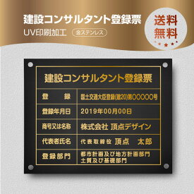 建設コンサルタント登録票【金ステンレス】 W45cm×H35cm 選べる4書体 UV印刷 ゴールドステンレス仕樣 撥水加工 錆びない 看板 法定サイズクリア 宅地 建物 取引業者 金看板 宅建 標識 事務所用js-gold-stl-gold