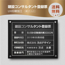 建設コンサルタント登録票【銀ステンレス】 W45cm×H35cm 選べる4書体 UV印刷 ゴールドステンレス仕樣 撥水加工 錆びない 看板 法定サイズクリア 宅地 建物 取引業者 金看板 宅建 標識 事務所用 js-sil-stl-sil