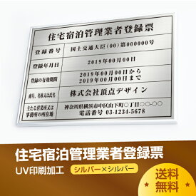 住宅宿泊管理業者登録票【シルバーxシルバー】 W50cm×H35cm 選べる4書体 4枠 UV印刷 ゴールドステンレス仕樣 撥水加工 錆びない 看板 法定サイズクリア 宅地 建物 取引業者 金看板 宅建 標識 事務所用 jutaku-sil-sil