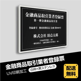 金融商品取引業者登録票 520mm×370mm 【白枠x黒ステンレス】選べる書体 枠4種 UV印刷 ステンレス 撥水加工 錆びない 看板 法定サイズクリア 宅地 建物 取引業者 金看板 宅建 標識 事務所用 安価でおしゃれな許可票看板 事務所看板 短納期 fpt-blk-white-blk