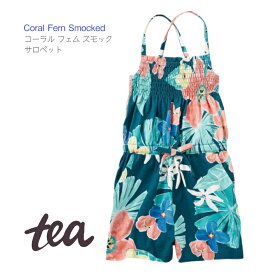 【Tea Collection コーラル フェム スモック サロペット】2歳 3歳 ティーコレクション オールインワン ◆ サンゴ トロピカル 花柄 80 90 100 ピンク グリーン キッズ 子ども 女の子 インポート サロペ カジュアル ナチュラル Coral Fern Smocked