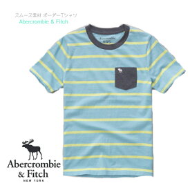 【Abercrombie & Fitch】ボーダーTシャツ スムース素材 半袖 ブルー × グリーン ◆ ポケット ムース刺繍 人気 キッズ 子ども シカ 男の子 キッズ 子ども ボーイズ 3歳 4歳 アバクロ アバクロンビー&フィッチ カジュアル インポート 海外 おしゃれ 服 春 夏 正規品