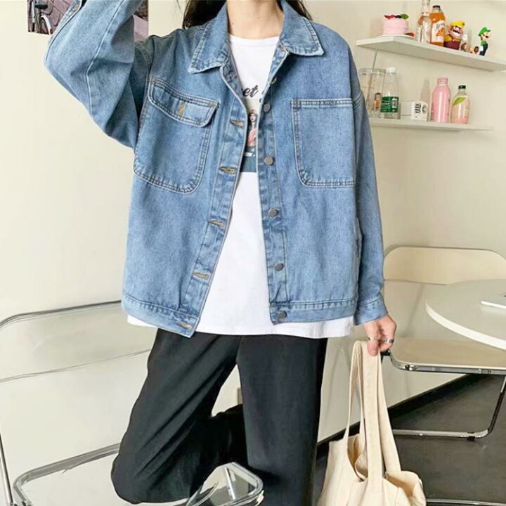 楽天市場 レディース デニム ジャケット 大きめ ビッグシルエット ドロップショルダー 流行 おしゃれ ゆったり ブルー Gジャン デニムジャンパー アウター 羽織り カジュアル S M L Xl 2xl 3xl 4xl 5xl ケミカルウォッシュ Bf Select