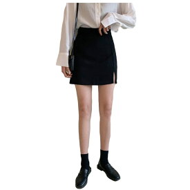 [G-tiamo] [ジーティアモ] ミニ 丈 スカート スリット レディース おしゃれ かわいい 台形 膝上 無地 ブラック シンプル シルエット