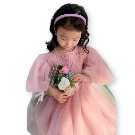 [Lezalic] チュール レース ワンピース ピンク バルーン袖 ベビー ドレス 結婚式 誕生日 子供 キッズ プレゼント お祝い