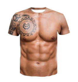 [infage] メンズ マッスル tシャツ 半袖 おもしろ 筋肉 シャツ デザイン プリント タトゥー 人気 プレゼント