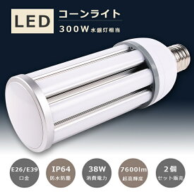 2個セット LED水銀灯 300W水銀灯相当 E26口金 E39口金 消費電力38W 超高輝度7600LM IP64 防水 防塵 LEDコーンライト HF300X 水銀灯 LED交換 LED照明 水銀灯からLEDへ交換 LED コーン型 LED コーンライト 電源内蔵 密閉型器具対応 全配光 街路灯 300W相当 E26 E39 1年保証