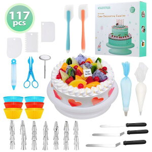 豪華 3D ケーキ口金 製菓道具 DIY 117 セット 絞り口金 60個 取り替えキャップ マフィン型 耐熱 シリコン製 ベーキングカップ ステンレス製スパチュラ 絞り袋 飾り付け ケーキ回転台 ケース付き