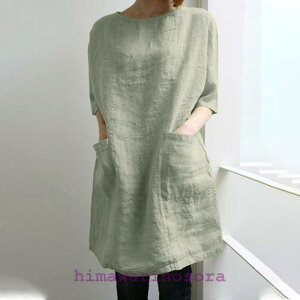 トップス シャツ tシャツ ロング チュニック レディース 半袖 夏 無地 大きいサイズ ワンピース 40代 ゆったり 体型カバー 綿麻 着痩せ シンプル 部屋着 50代