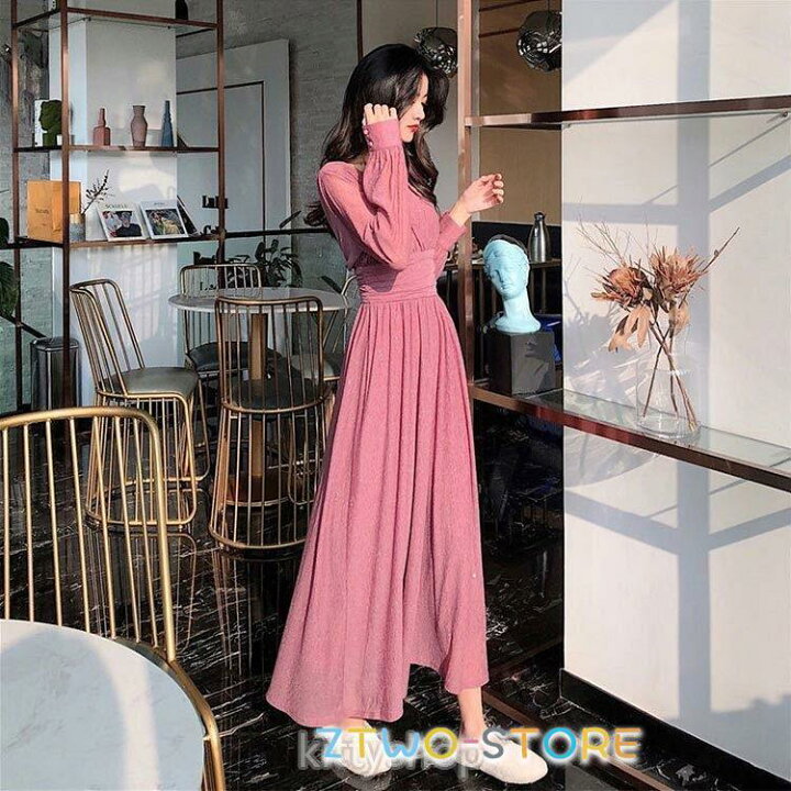 楽天市場】マキシ丈ワンピース ピンク 長袖 Vネック 20代 ロング  