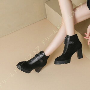 秋冬 厚底スエード ショートブーツ 前ジッパー 8.0cm 太ヒール 冬 厚底ブーツ ブーティ レディース ブーツ 厚底 靴 ヒール ブーティー ショート 歩きやすい