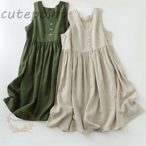 ワンピース チュニック レディース 夏 ノースリーブ プルオーバー 綿麻 Aライン Vネック リネンワンピース大きいサイズ ゆるシルエット 体型カバー 無地