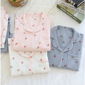 ガーゼパジャマ ペアパジャマ ルームウェア 綿ガーゼ 前開き 襟付き 長袖長ズボン上下セット 敏感肌用 部屋着 春夏秋冬用