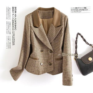 ウールコート テーラードジャケット レディース ダブルブタン 長袖 千鳥格子 切り替え 一部革レザー おしゃれ キレイめ 春 秋服 冬服 上品 エレガント