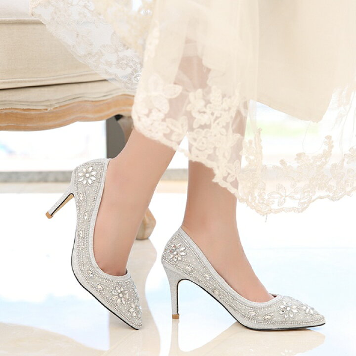楽天市場 短納期 ハイヒール 結婚式 パンプス 痛くない キラキラ ヒール8cm 結婚式 靴 ウェディングシューズ パーティーシューズ レディース結婚式 レディース靴 ポインテッドトゥ 美足パンプス ハイヒール ストーン 小さいサイズ大きいサイズ対応 21 5cm 25cm 美美