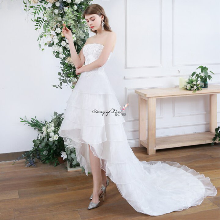 楽天市場 あす楽 ウエディングドレス 結婚式 二次会 アシンメトリー 白ドレス 編み上げタイプドレス シンプルドレス 姫系ドレス 刺繍フリルドレス 結婚式 二次会 パーティー イベント 演奏会 発表会 お嫁さん 花嫁 ウェディングドレス 披露宴 結婚式 在庫処分