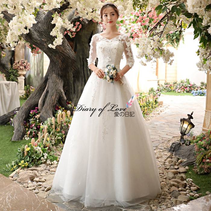 花嫁ドレス 結婚式ドレス 袖あり 刺繍花柄 キレイめ ウェディングドレス-