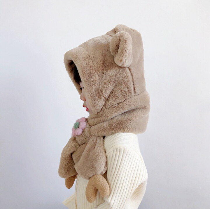 短納期 マフラー キッズ ネックウォーマー キッズマフラー フェイクファー 子供服 冬服 防寒対策 マフラーと帽子一体式 ボア素材 ふわふわ もこもこ クマ耳 暖かい かわいい 男女兼用 幼稚園 保育園 小学生 クリスマス プレゼント ボア帽子 マフラー 一体型 ... 6063X 子供 くまマフラー ふわふわ あたたかい きいろ 熊