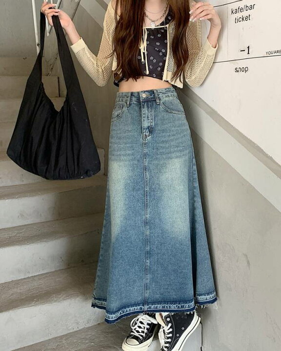楽天市場】ロングスカート デニムスカート ウォッシュ加工 マキシ 