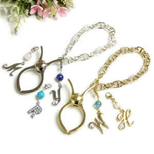 グローブホルダー アンカーチェーン 大 アルファベット & 天然石 パール マリンチェーン 手袋ホルダー 手袋クリップ イニシャル ローマ字 英文字