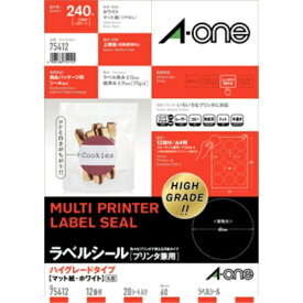 A-one｜エーワン 〔各種プリンタ〕ラベルシール ハイグレードタイプ 丸型 (60mmφx0.13mm) ホワイト 75412 [A4 /20シート /12面 /マット /直径60mm]