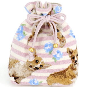 タオル美術館|Towel Art Museum cococi wanko シェニール織 巾着ポーチ コーギー ピンク