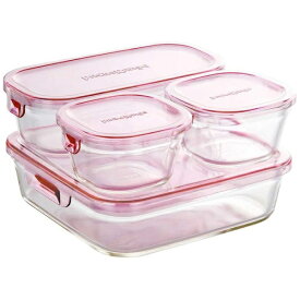 AGCテクノグラス｜AGC TECHNO GLASS iwaki 耐熱ガラス 保存容器 4個セット パック＆レンジ システムセット ミニ ピンク PS-PRN-4P2
