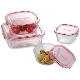 【エントリーで最大全額ポイント還元｜8/5迄】 AGCテクノグラス｜AGC TECHNO GLASS iwaki 耐熱ガラス 保存容器 角型 4個セットパック＆レンジ ピンク PS-PRN-4P1