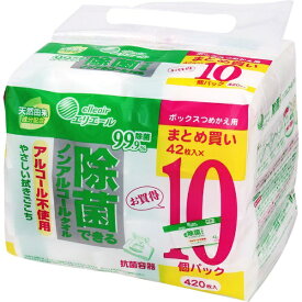 【エントリーで最大全額ポイント還元｜7/18迄】 大王製紙｜Daio Paper エリエール 除菌できるノンアルコールタオル ボックス つめかえ用　42枚×10P