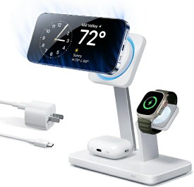 イーエスアール｜ESR MFi認証 MagSafe対応 3in1 ワイヤレス充電スタンド(USB電源付き) ESR White ESR25W3-in-1WirelessChargerMagSafeCryoBoost [マルチ型 /Qi2 15W対応]