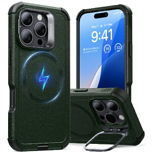 �C�[�G�X�A�[���bESR iPhone 16 Pro�i6.3�C���`�j �~���^���[�O���[�h�X�^���h�t�n�C�u���b�h�P�[�X ESR Green CyberToughCasewithStashStand(HaloLock)iPhone16Pro
