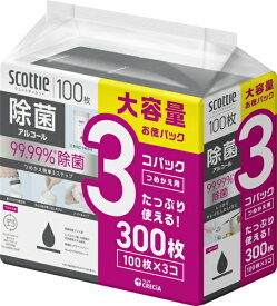 日本製紙クレシア｜crecia スコッティ ウェットティシュー 除菌 アルコール 100枚 つめかえ用　3コパック