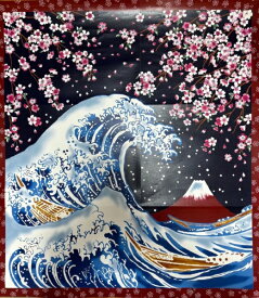 参古繊｜さんこせん パネルハンカチ 富士波櫻 エンジ