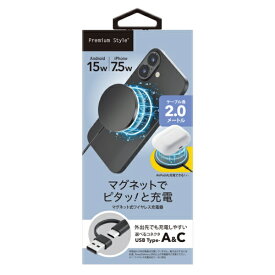 PGA｜ピージーエー マグネット式 ワイヤレス充電器 USB Type-A&C 2m Premium Style ブラック PG-MG20CA01BK