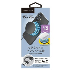 PGA｜ピージーエー マグネット式 ワイヤレス充電器 USB Type-A&C 1.2m Premium Style ブラック PG-MG12CA01BK