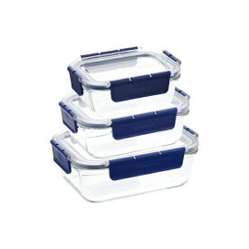LIV PLUS 耐熱ガラス 保存容器 3点セット 380ml 630ml 1.0L 長方形 ふた付き ロック＆ロック トップクラス ブルー LBG422S3