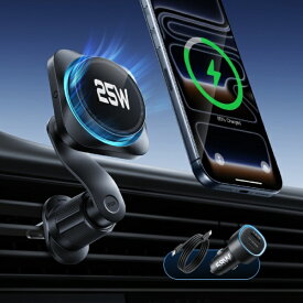 イーエスアール｜ESR Qi2.2 25W対応 冷却ファン付き MagSafe車載ワイヤレス充電器(シガーソケットアダプター・USBケーブル付） ブラック 2B5280101 - Black [Quick Charge対応 /2ポート]