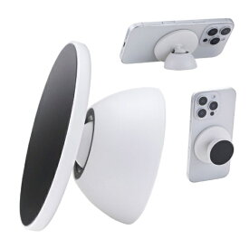 ELECOM｜エレコム MagSafe対応 スマホスタンド スマホグリップ 両面マグネット キッチン・冷蔵庫・壁にマグネット固定 自撮り・ダンス動画・動画視聴 iPhoneなどスマホ用 メタルプレート付属 ホワイト P-DSMMWWH