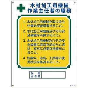 日本緑十字|JAPAN GREEN CROSS 緑十字 作業主任者職務標識 木材加工用機械作業主任者 600×450mm エンビ