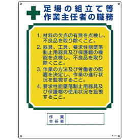 日本緑十字｜JAPAN GREEN CROSS 緑十字　作業主任者職務標識　足場の組立て等作業主任者　600×450mm　エンビ