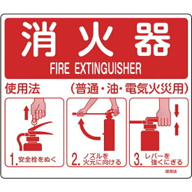 日本緑十字｜JAPAN GREEN CROSS 緑十字　消防標識　消火器使用法　215×250mm　壁面取付タイプ　エンビ