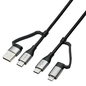 ELECOM�b�G���R�� 4in1 �[�d�P�[�u�� ( USB Type C + USB A to USB Type C + microUSB ) PD 60W�Ή� �P�[�u�� 1m iPad Macbook Chromebook Android Xperia Galaxy OPPO AQUOS �ȂǊe��Ή� �[�d�� �u���b�N �u���b�N MPA-AMBCC10BK