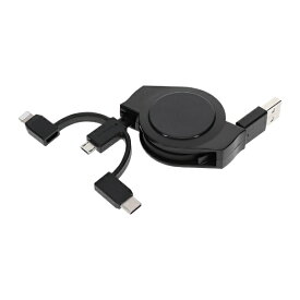 OWLTECH｜オウルテック 巻取りケーブル 3in1 Lightning＋USB Type-C＋microUSB 1m ブラック OWL-CBR2AMLC10-BK