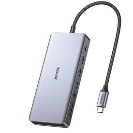 UGREEN｜ユーグリーン ［USB-C オス→メス カードスロットx2 / HDMIx2 / DisplayPort / LAN / φ3.5mm / USB-Ax4 / USB-Cx2] USB PD対応 100W ドッキングステーション グレー UGR-OT-000017 [USB Power Delivery対応]