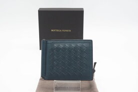 ☆安心の3大保証☆ Bランク ≪BOTTEGA VENETA ボッテガ ヴェネタ/二つ折りマネークリップ≫ イントレチャート レザー エメラルドグリーン 送料無料【中古】