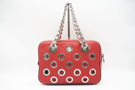 ☆安心の3大保証☆ ABランク ≪PRADA プラダ/トートバッグ≫ 1BB017 パンチング レザー チェーン ポーチ付き レッド シルバー 美品 送料無料【中古】