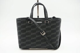 ★3日以内返品可★ 美品 BALENCIAGA バレンシアガ BBモノグラム シグネチャー スモール ショッパーバッグ 702699 2wayトートバッグ ブラック グレー コーティングキャンバス レディース【中古】