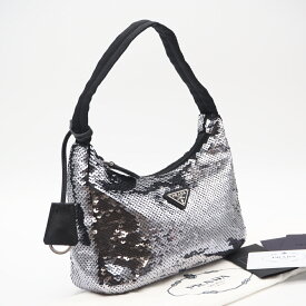 ★3日以内返品可★ 未使用 PRADA プラダ ナイロン Re-Edition スパンコール ホーボー ナイロン ハンドバッグ WS22477 ハンドバッグ シルバー ブラック ナイロン スパンコール レディース【中古】